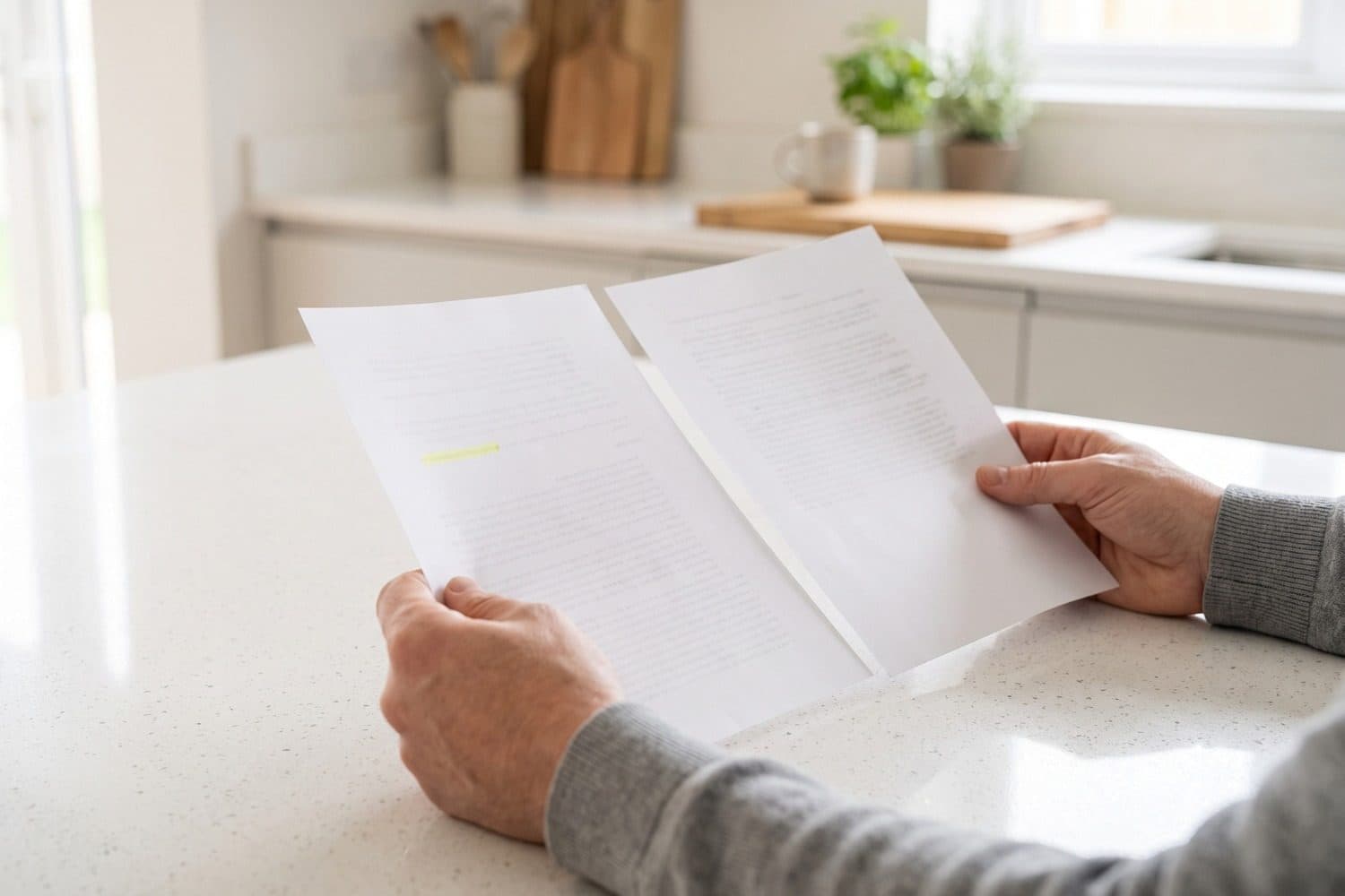 Hands holding two printed pages, one line highlighted, over a kitchen counter