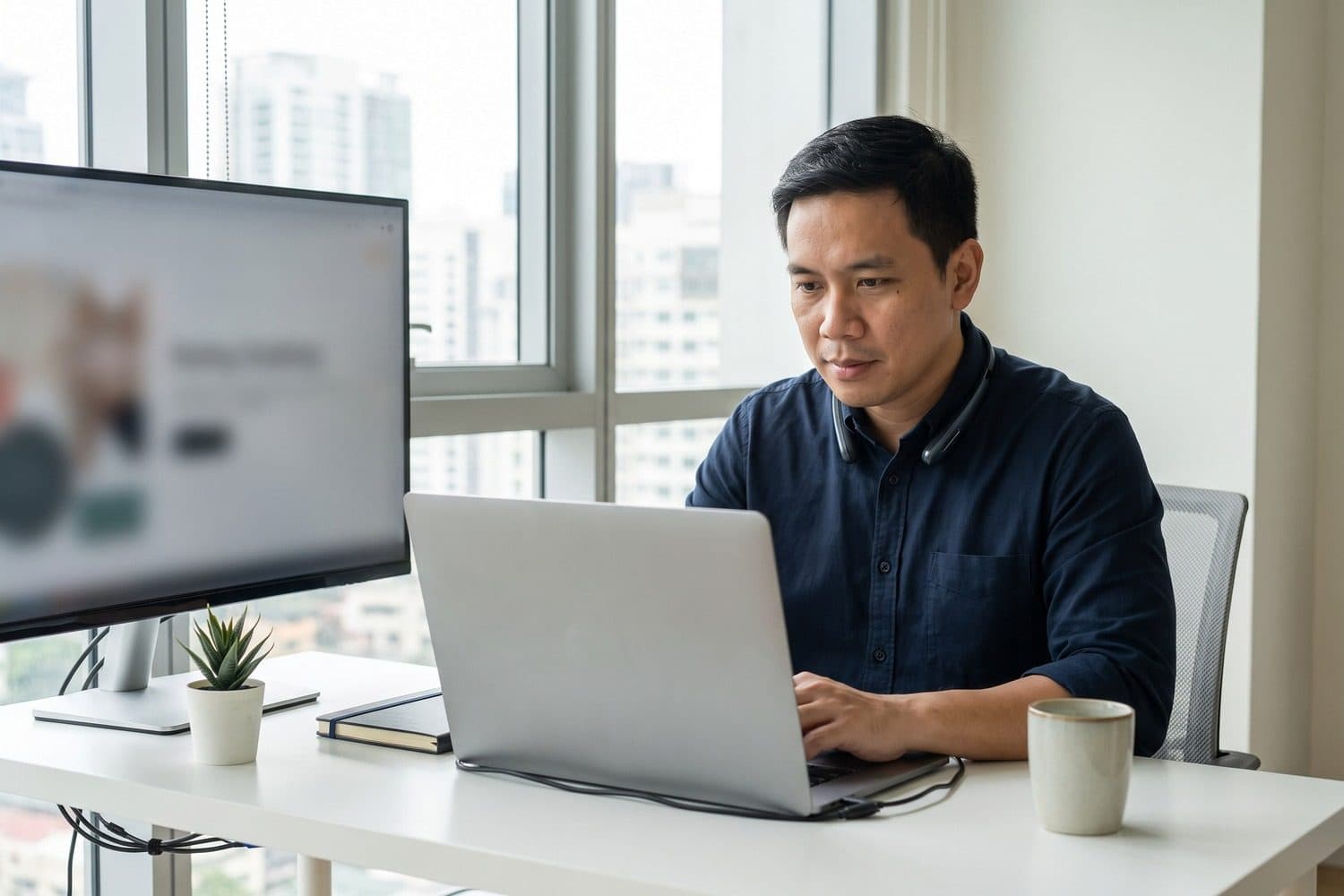 Man working on a laptop beside a large monitor, a city view through the window