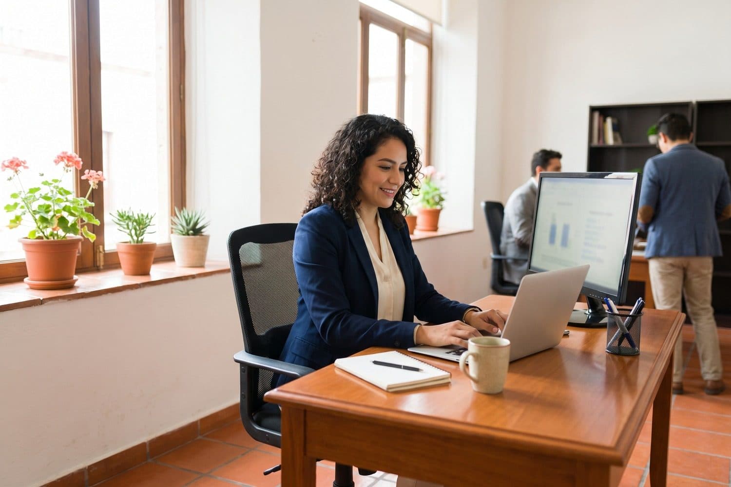Woman smiling at her laptop at a wooden desk in a busy office