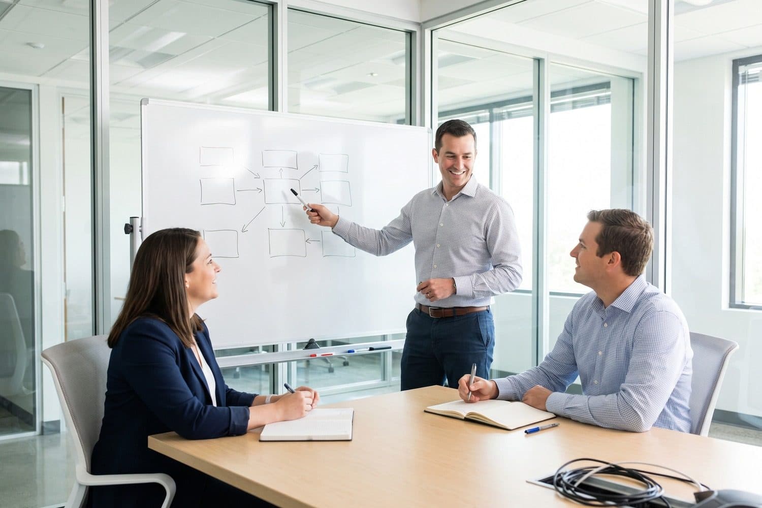 Man at a whiteboard sketching a chart for two colleagues at a meeting table