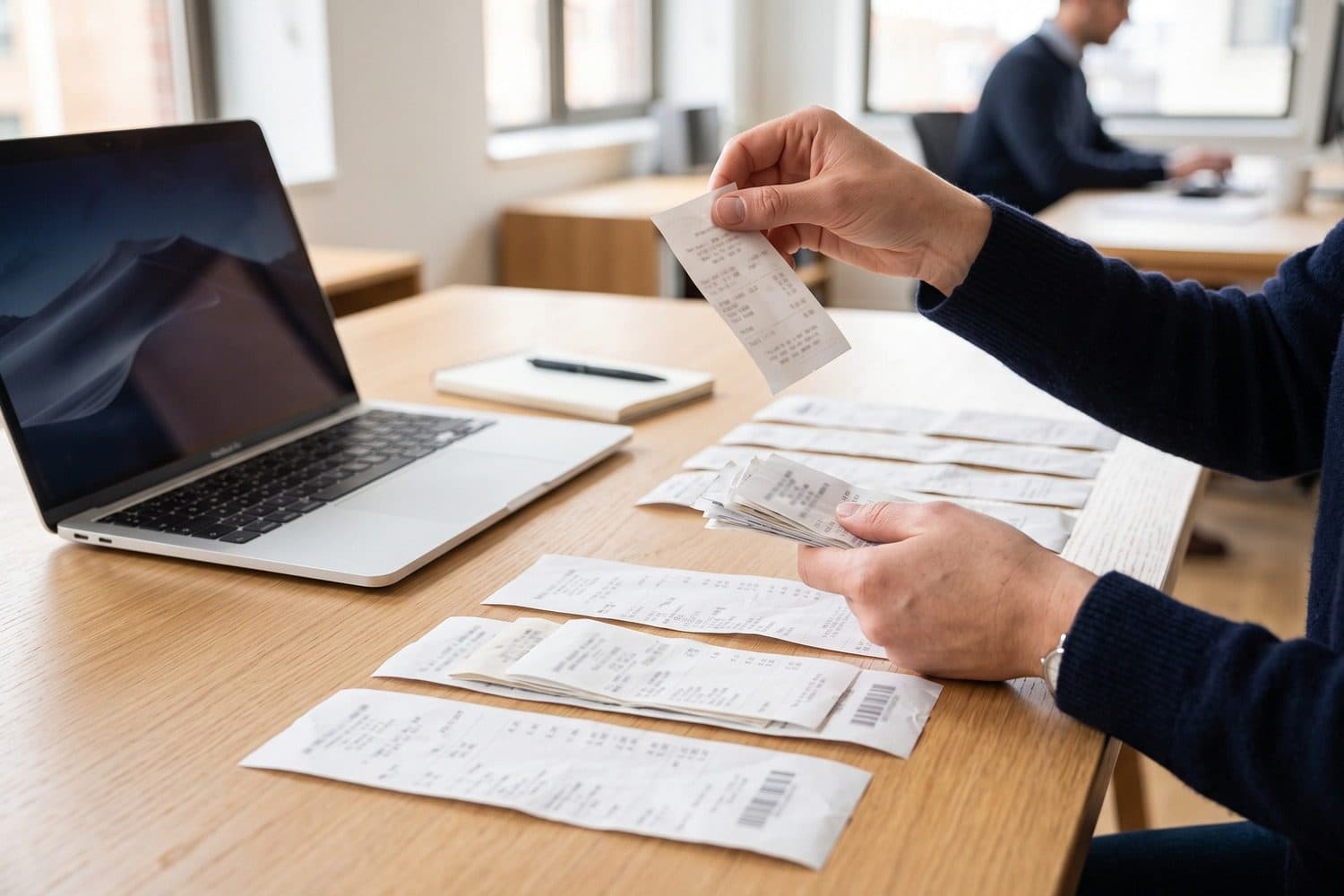 Hands sorting a pile of paper receipts beside a laptop