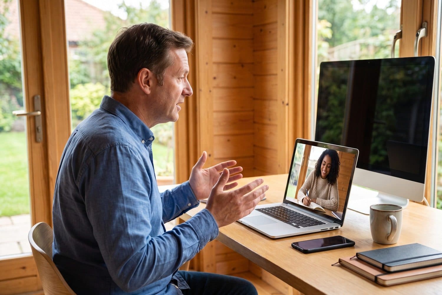 Man talking with his hands on a laptop video call with a woman, in a wood-panelled room