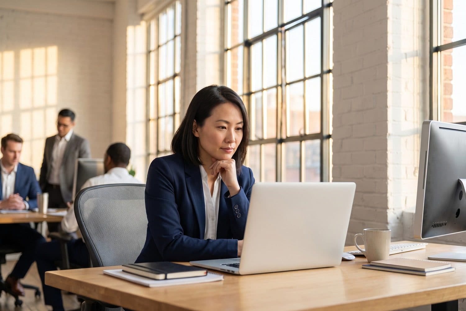 Woman looking thoughtfully at her laptop while colleagues talk behind her