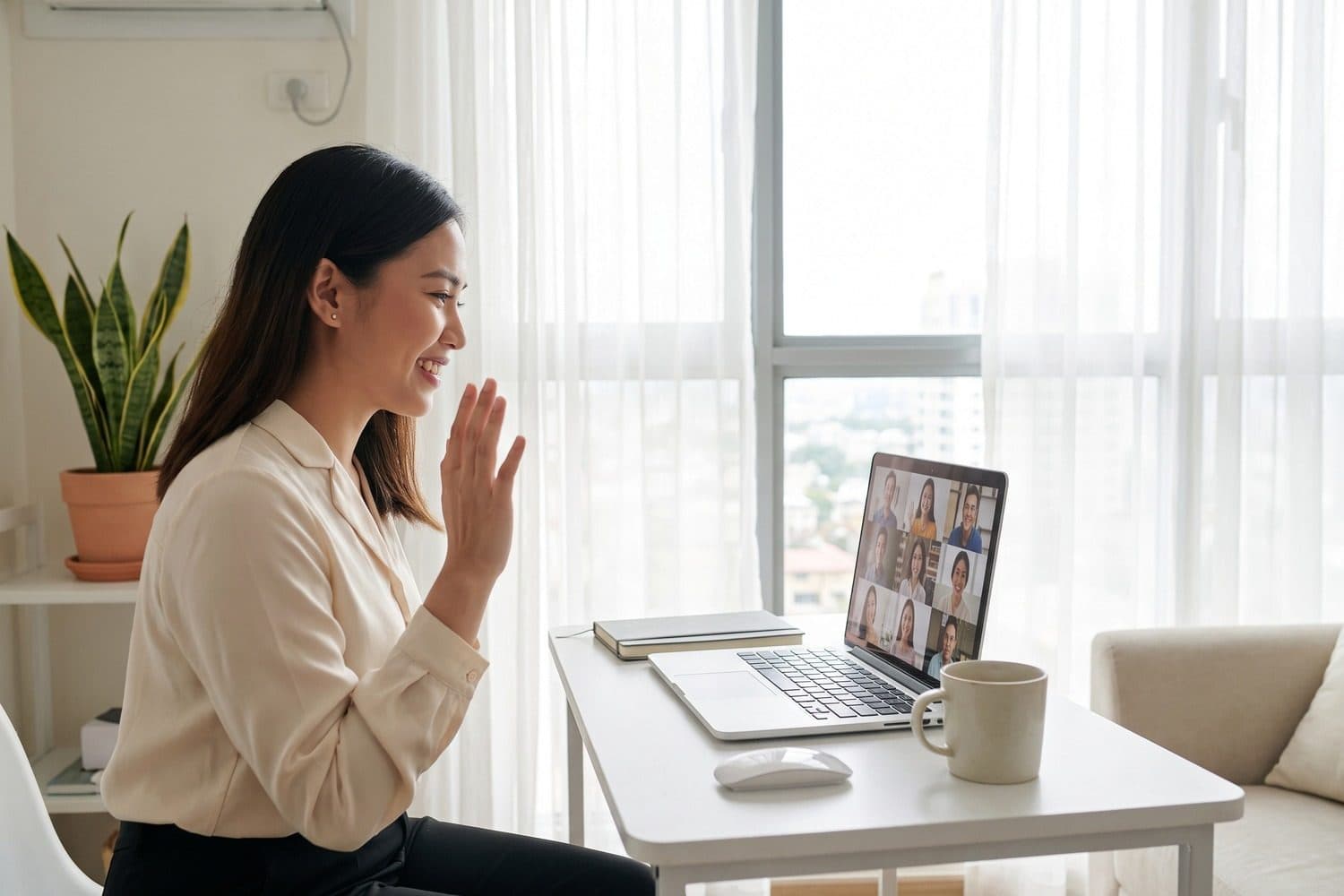 Woman waving at a group video call on her laptop at a home desk