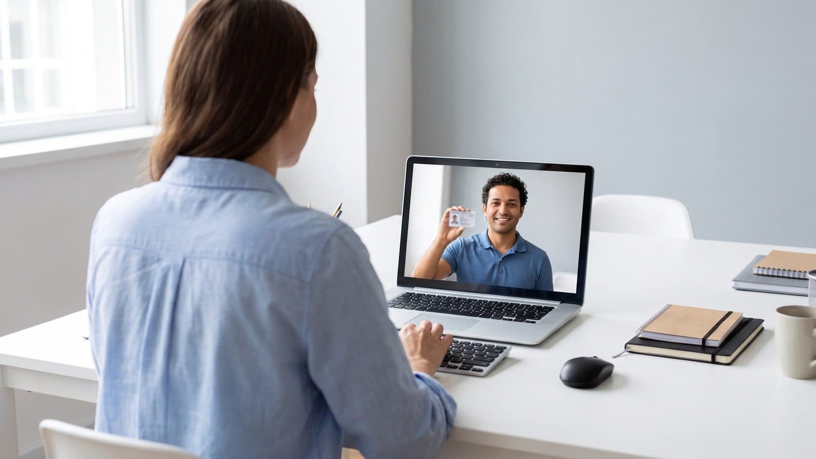 Woman on a laptop video call with a man who holds up his photo ID to the camera