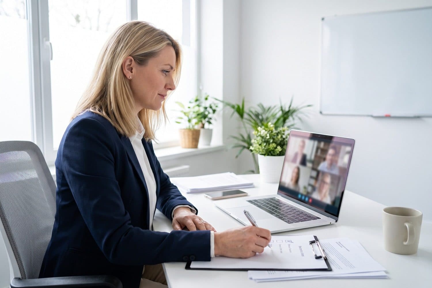 Woman taking notes on a clipboard during a group video call