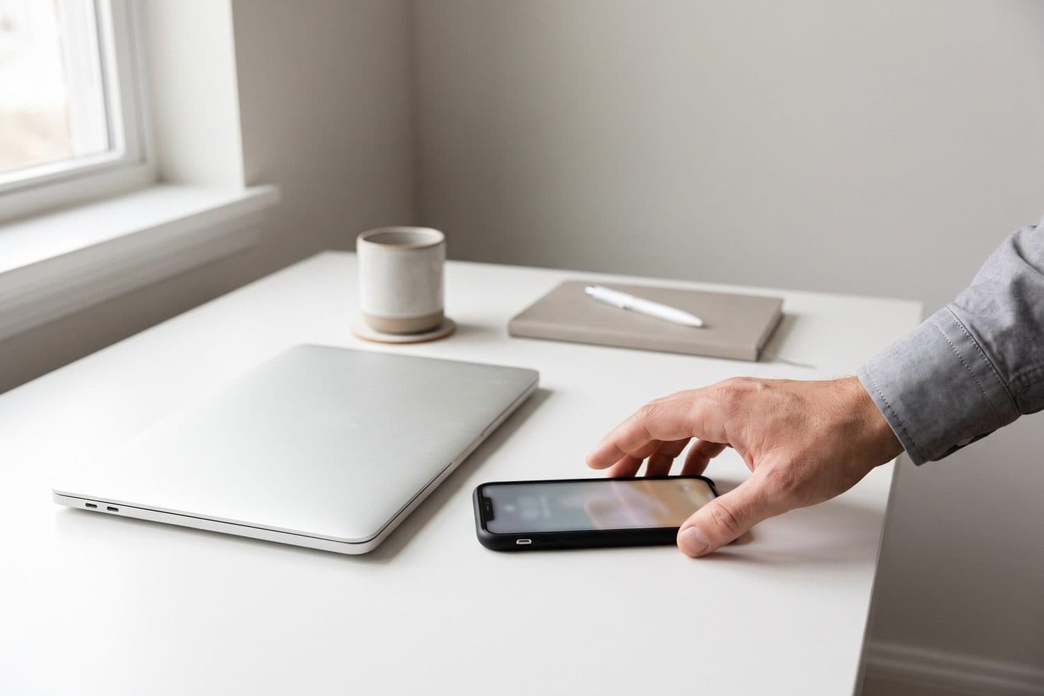 Hand reaching for a phone next to a closed laptop on a white desk