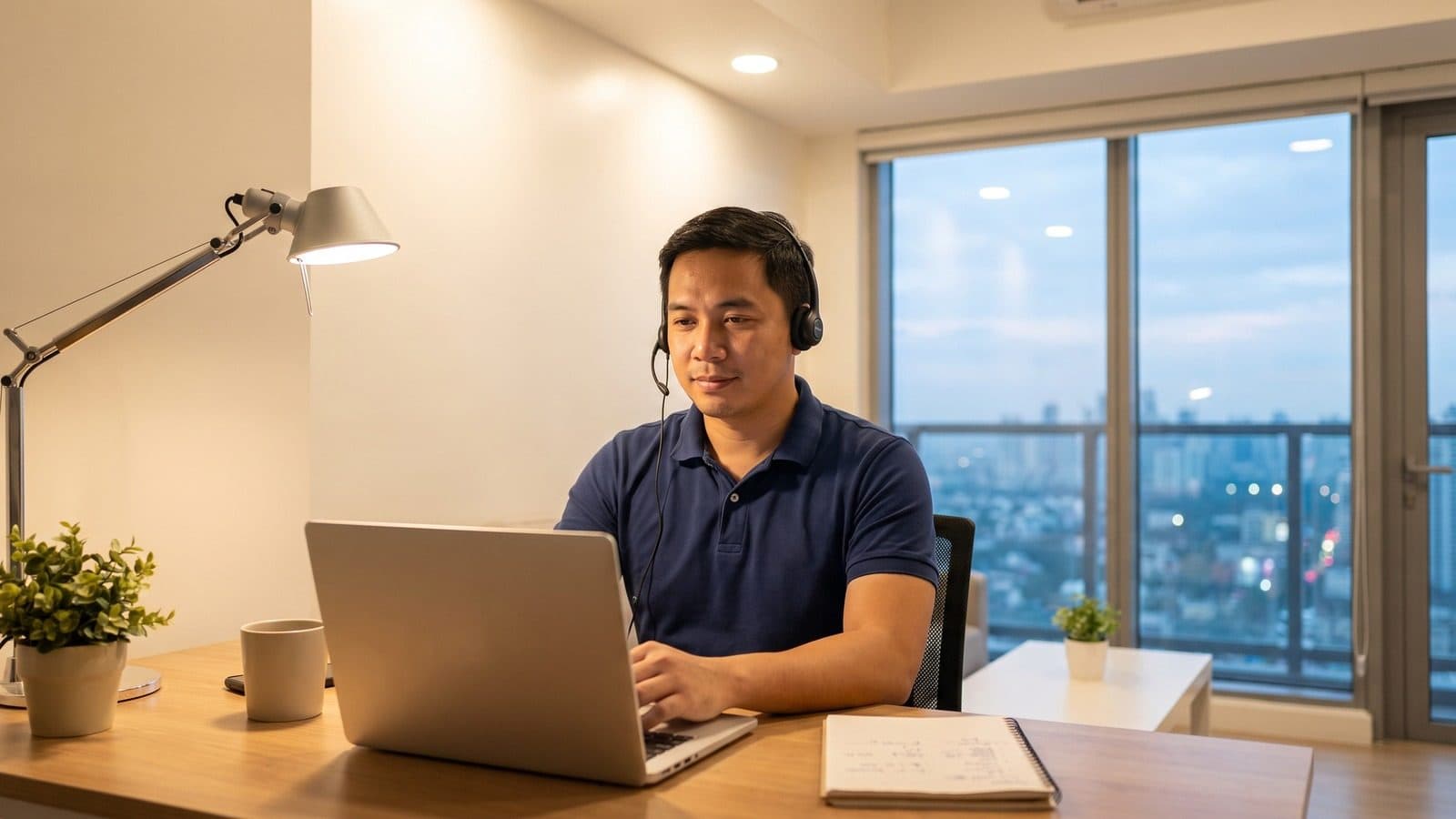Man in a headset working at a laptop by a window, city lights outside at dusk