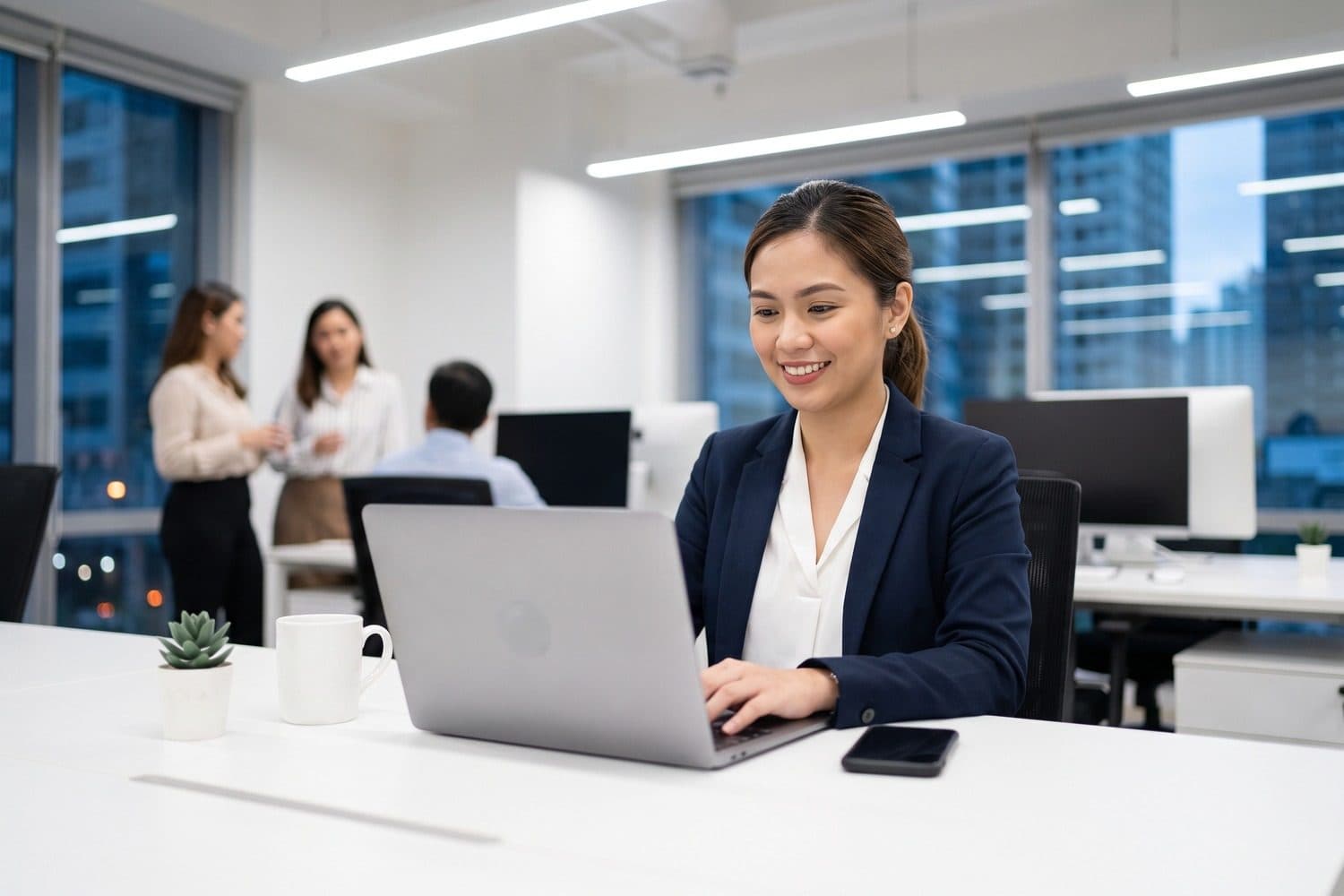 Woman smiling at her laptop in a modern office at night, colleagues talking behind her