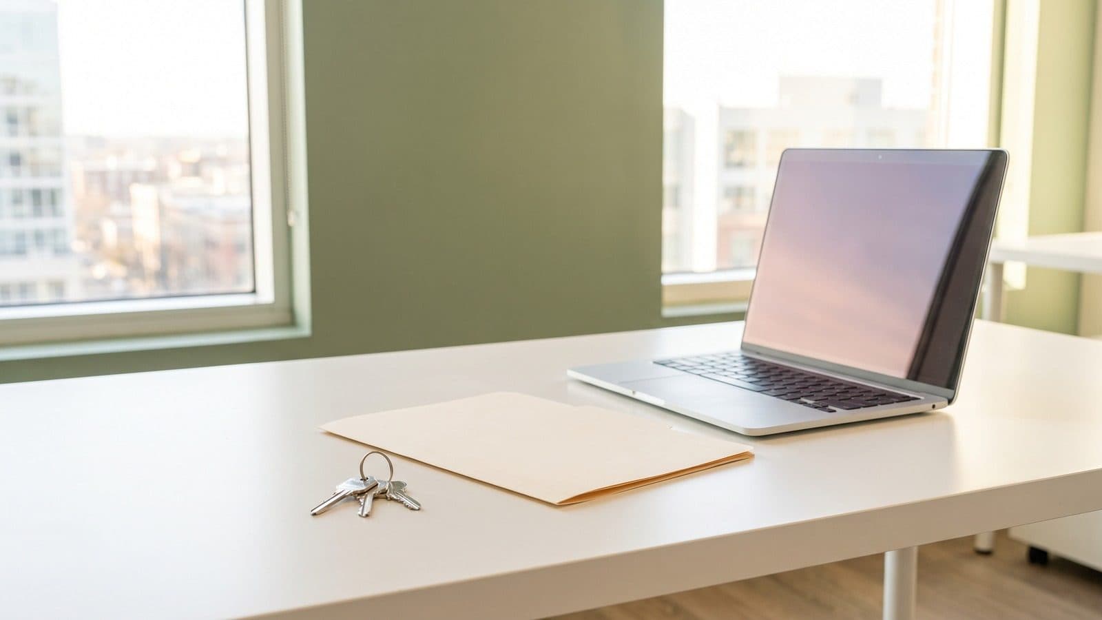 Open laptop, a folder and a set of house keys on a white desk
