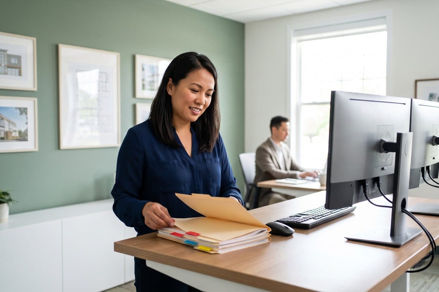 Woman leafing through tabbed folders at her desk, framed house photos on the wall