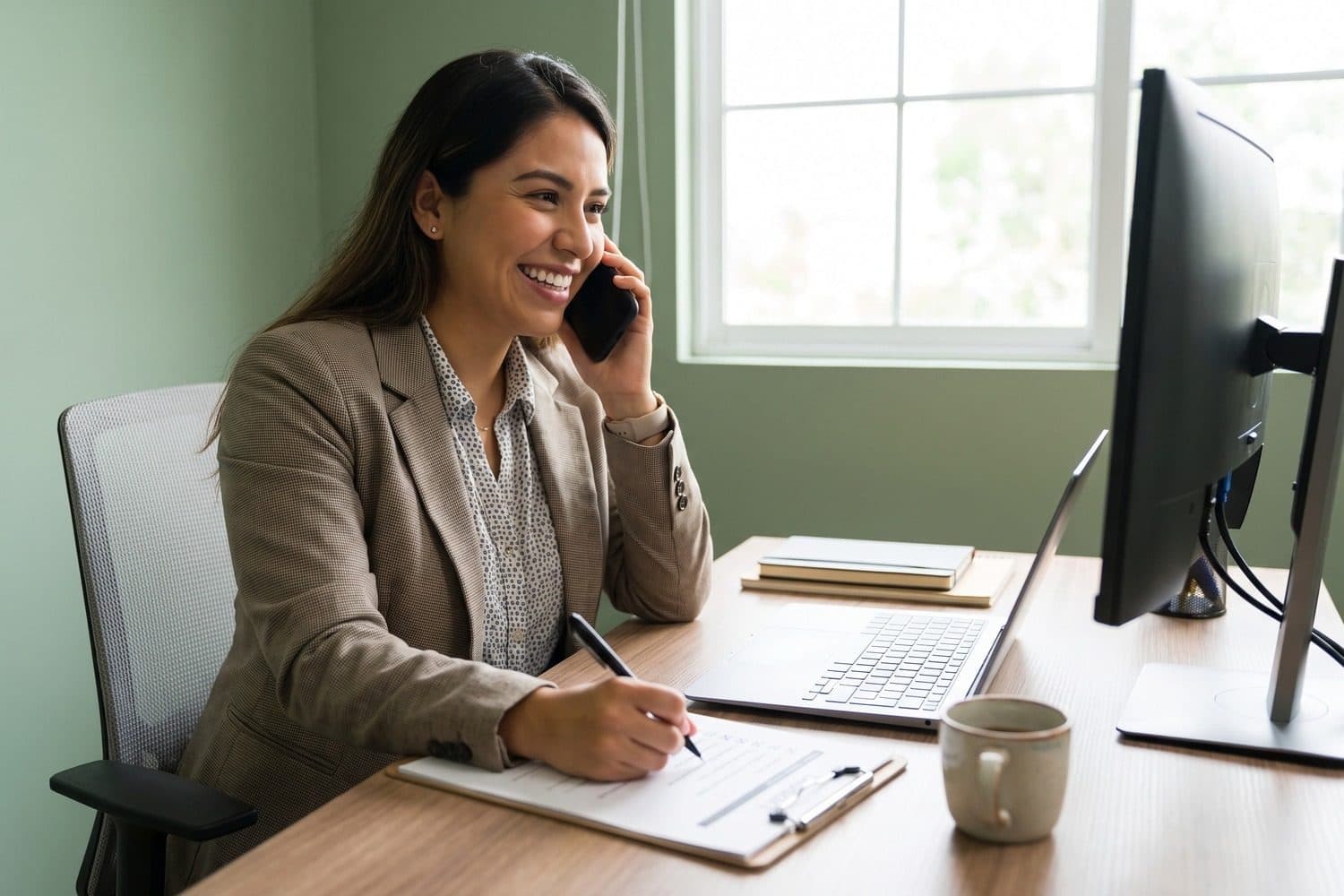 Woman smiling on the phone while ticking off a checklist on a clipboard