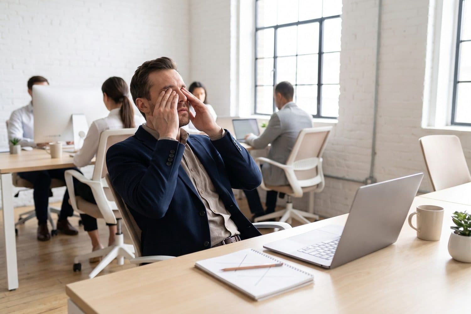 Tired man rubbing his eyes at his desk in a busy open-plan office