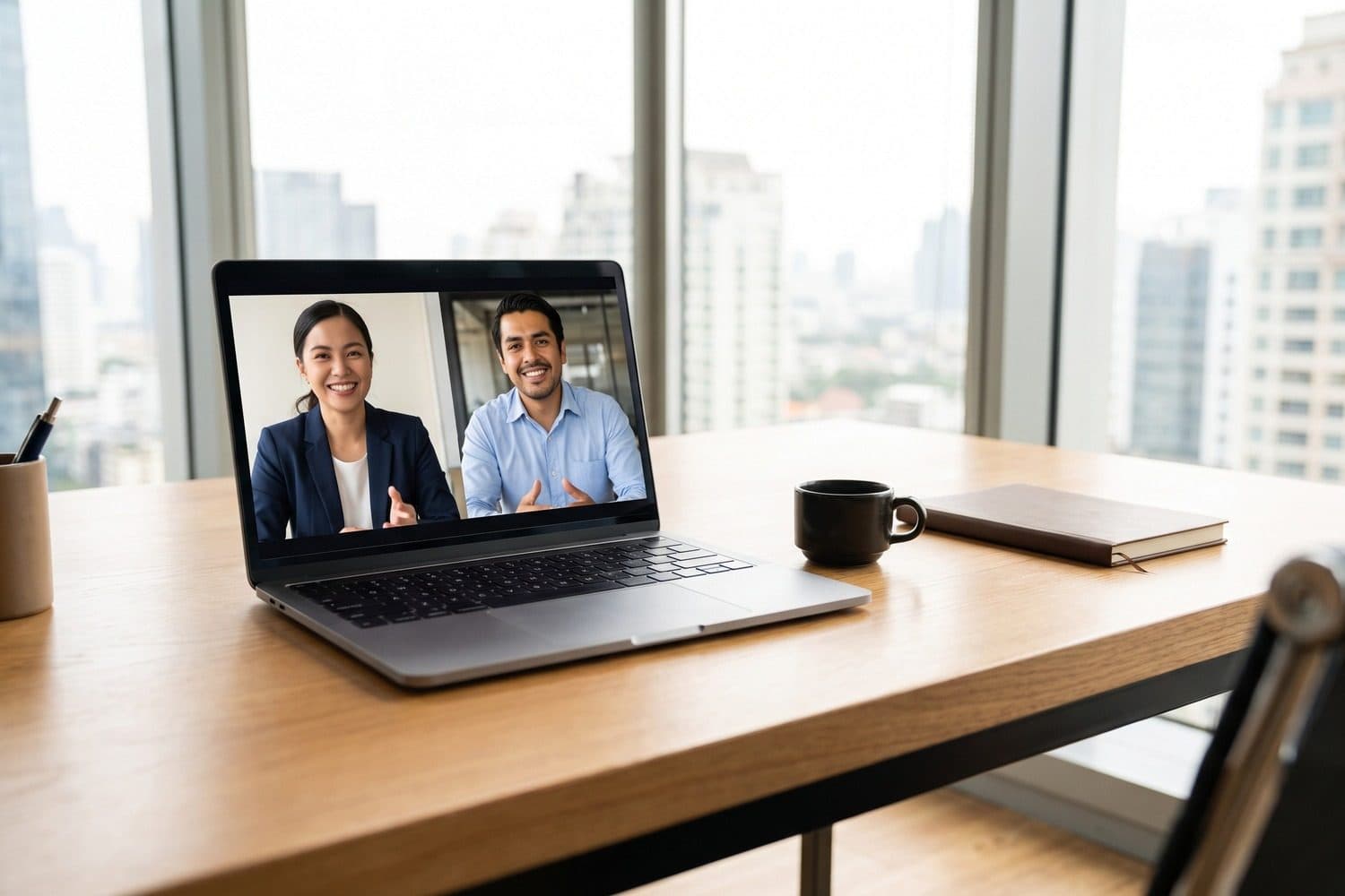Laptop on a desk showing a video call with two smiling people, a city skyline behind