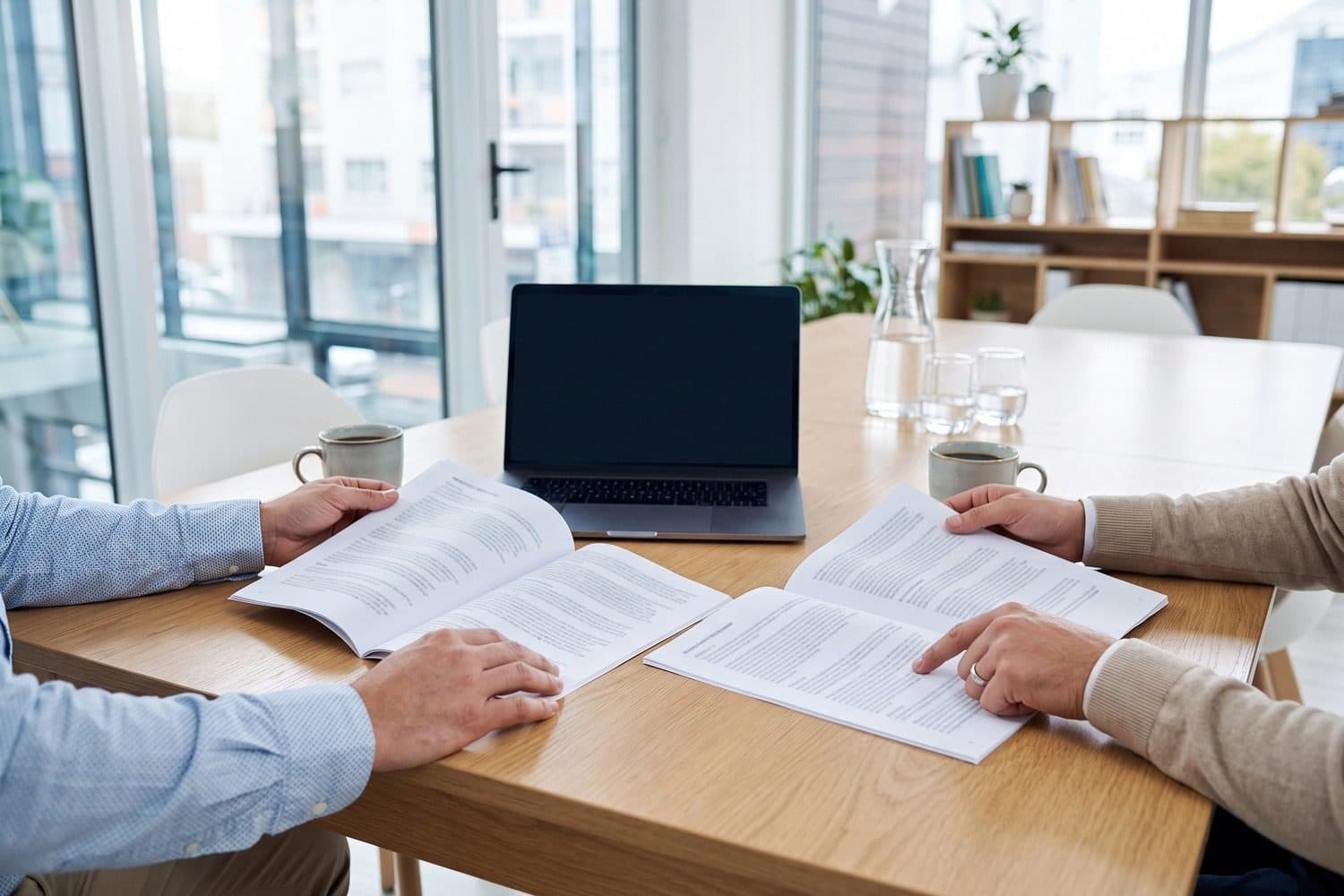 Two people reading printed documents across a table, a laptop between them