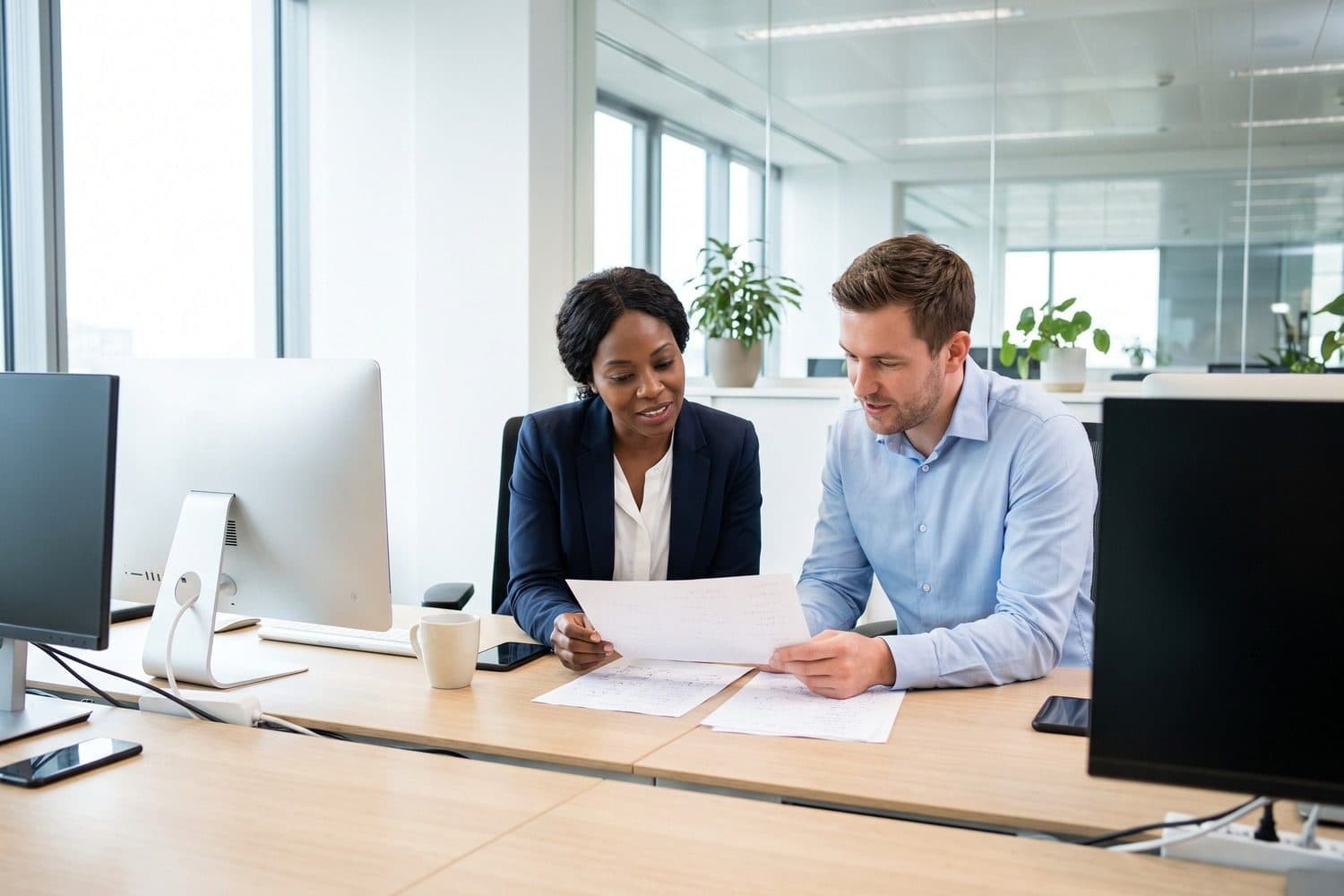 Woman and man reading printed papers together at an office desk